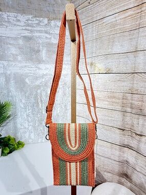 Styline NWT Straw Crossbody Phone Bag Burnt Orange Sage Stripe Woven Purse
